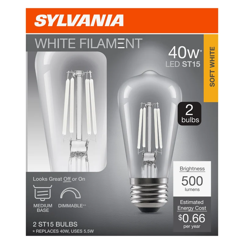 SYLVANIA ST15 Clear LED White Filament Bulb, 5.5W, Dimmable, 500 Lms, Medium Base, 2700K, Soft White - 2 PK