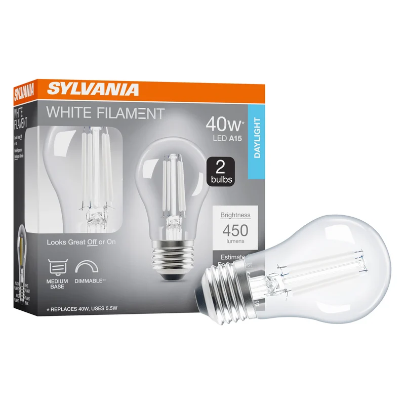 SYLVANIA A15 Clear Globe LED White Filament Bulb, 5.5W, Dimmable, 450 Lms, Medium Base, 5000K, Daylight - 2 PK