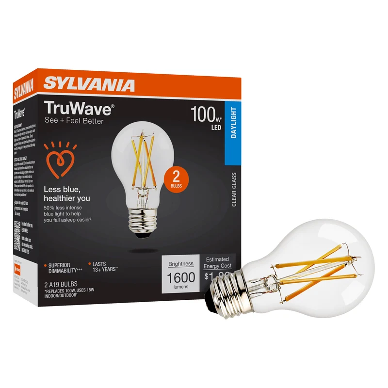SYLVANIA LED TruWave A19 Light Bulb, 100W = 15W, 1600 Lumens, Dimmable, Clear, 5000K, Daylight - 2 PK