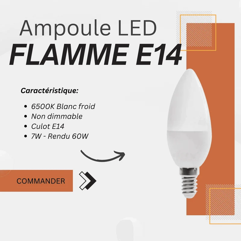 Ampoule Flamme LED 7W E14 Blanc Froid 6500K