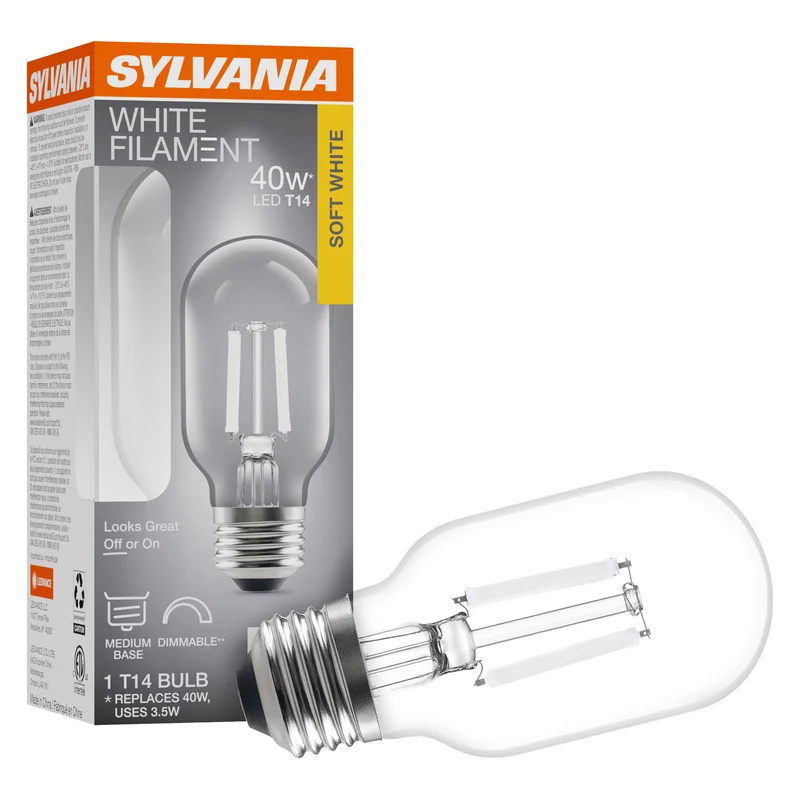 SYLVANIA T14 Clear LED White Filament Bulb, 3.5W, Dimmable, 300 Lms, Medium Base, 2700K, Soft White - 1 PK