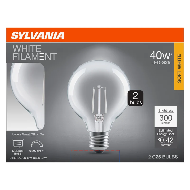 SYLVANIA G25 Clear Globe LED White Filament Bulb, 3.5W, Dimmable, 300 Lms, Medium Base, 2700K, Soft White - 2 PK
