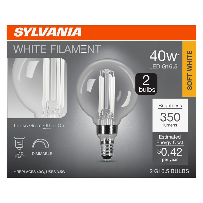 SYLVANIA G16.5 Clear Globe LED White Filament Bulb, 3.5W, Dimmable, 350 Lms, Candelabra Base, 2700K, Soft White - 2 PK