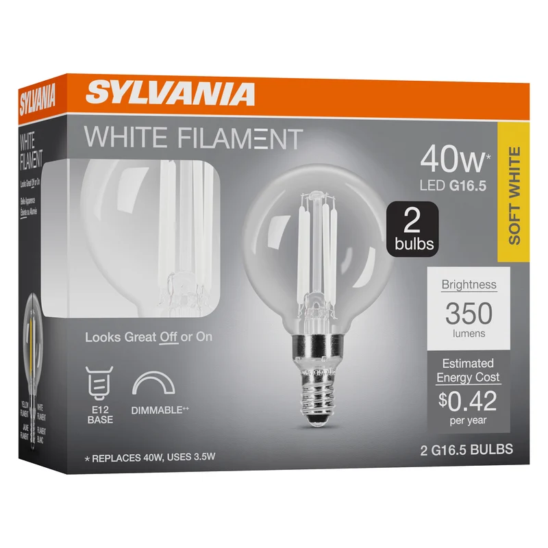 SYLVANIA G16.5 Clear Globe LED White Filament Bulb, 3.5W, Dimmable, 350 Lms, Candelabra Base, 2700K, Soft White - 2 PK