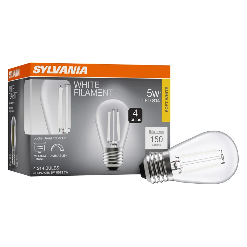 SYLVANIA S14 Clear LED White Filament Bulb, 2W, Dimmable, 150 Lms, Medium Base, 2700K, Soft White - 4 PK