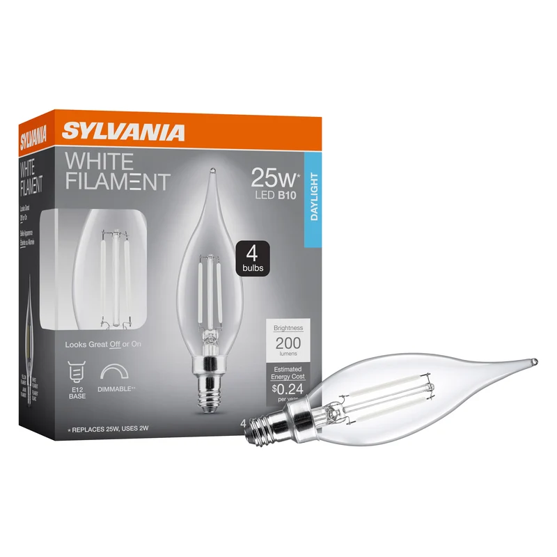 SYLVANIA B10 Clear LED White Filament Bulb, 2W, Dimmable, 200 Lms, Candelabra Base, 5000K, Daylight - 4 PK