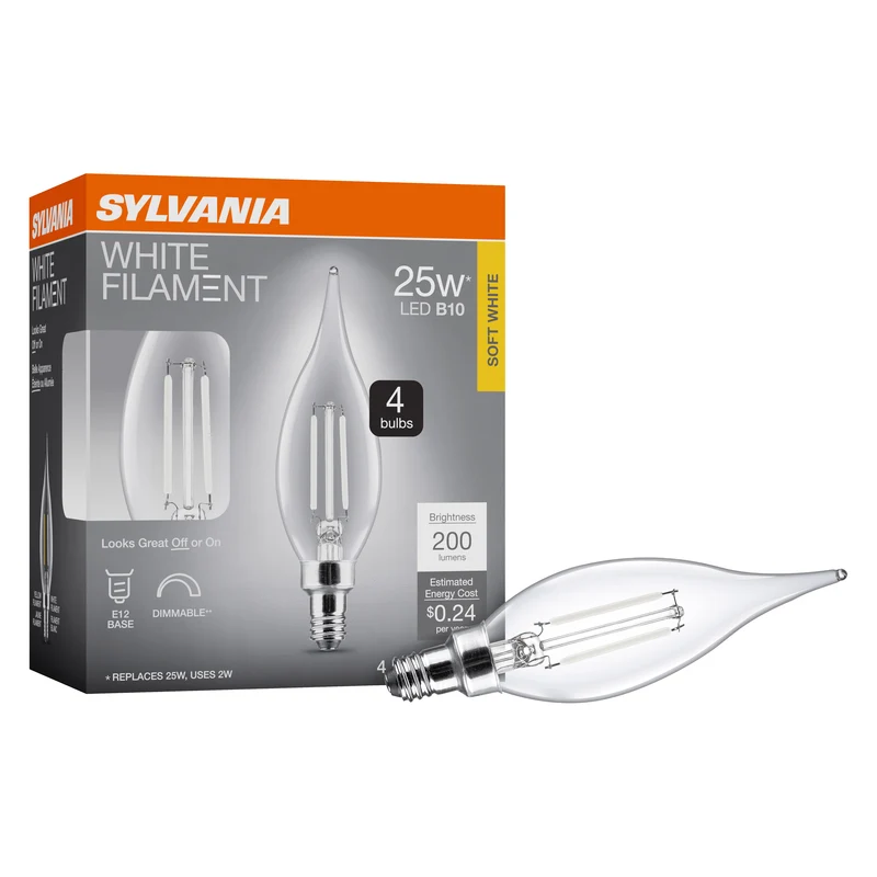 SYLVANIA B10 Clear LED White Filament Bulb, 2W, Dimmable, 200 Lms, Candelabra Base, 2700K, Soft White - 4 PK