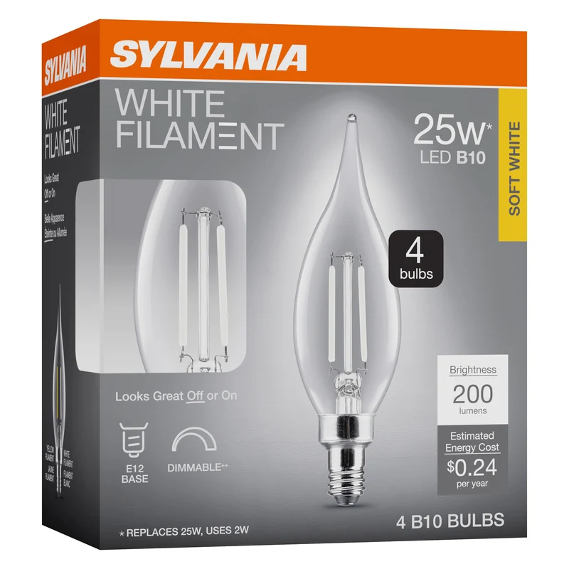 SYLVANIA B10 Clear LED White Filament Bulb, 2W, Dimmable, 200 Lms, Candelabra Base, 2700K, Soft White - 4 PK