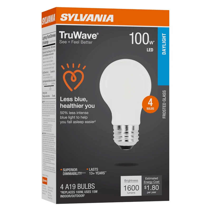 SYLVANIA LED TruWave A19 Light Bulb, 100W = 15W, 1600 Lumens, Medium Base, Dimmable, Frosted, 5000K, Daylight - 4 PK