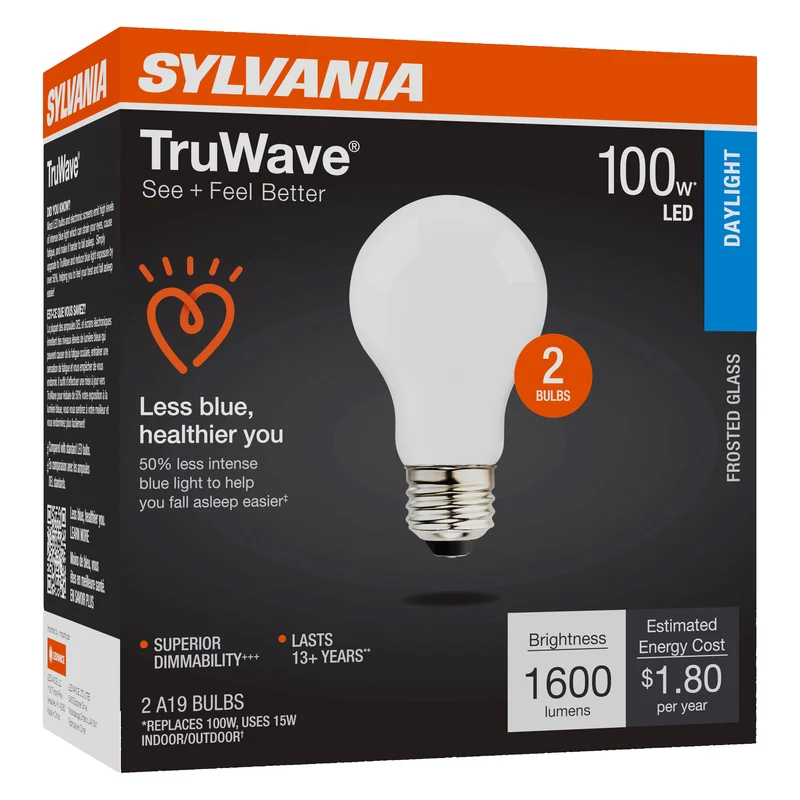 SYLVANIA LED TruWave A19 Light Bulb, 100W = 15W, 1600 Lumens, Medium Base, Dimmable, Frosted, 5000K, Daylight - 2 PK