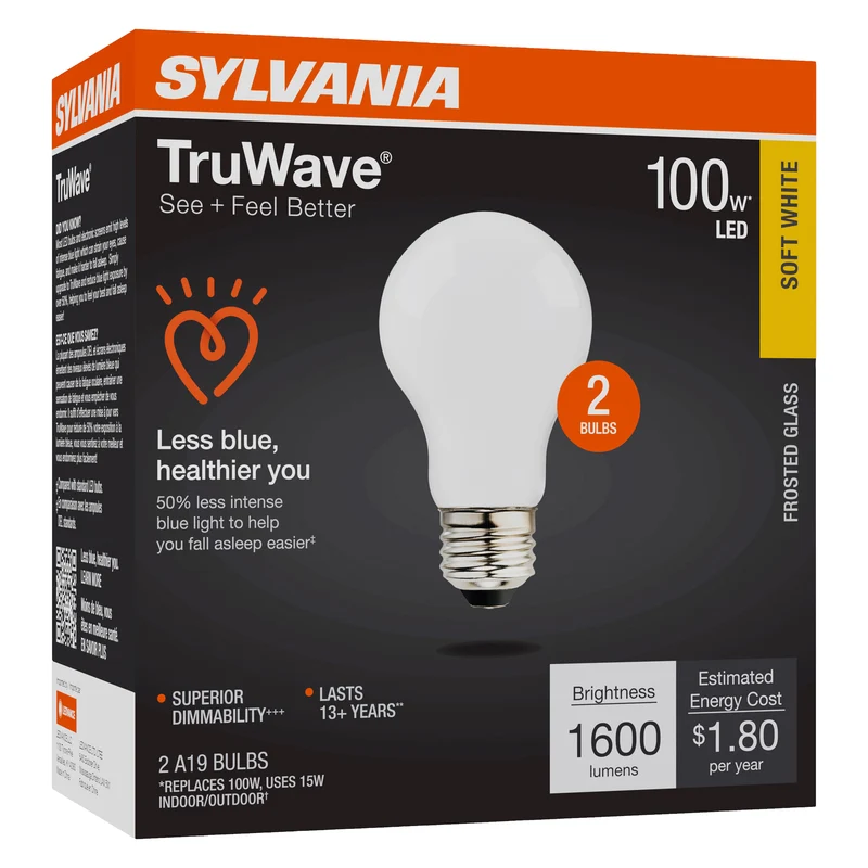 SYLVANIA LED TruWave A19 Light Bulb, 100W = 5W, 1600 Lumens, Medium Base, Dimmable, Frosted, 2700K, Soft White