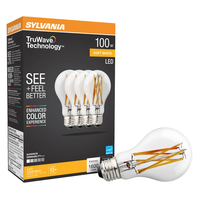 SYLVANIA LED TruWave A19 Light Bulb, 100W = 15W, 1600 Lumens, Medium Base, Dimmable, Clear, 2700K, Soft White
