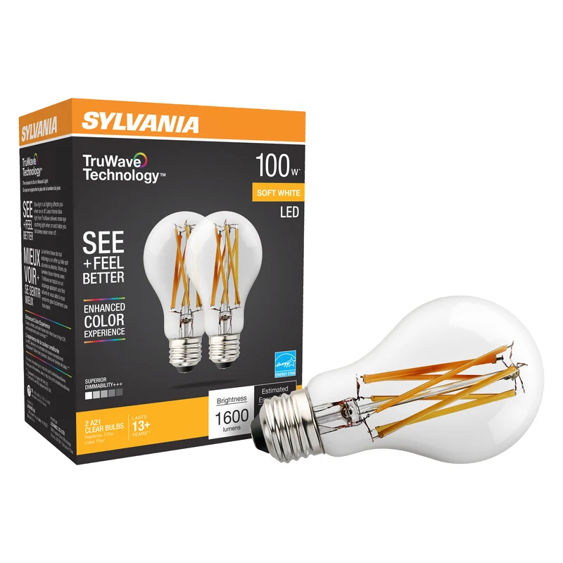 SYLVANIA LED TruWave A19 Light Bulb, 100W = 15W, 1600 Lumens, Medium Base, Dimmable, Clear, 2700K, Soft White
