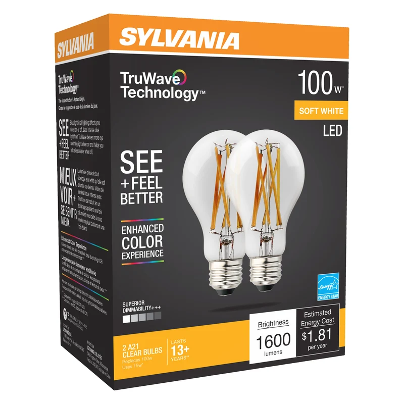 SYLVANIA LED TruWave A19 Light Bulb, 100W = 15W, 1600 Lumens, Medium Base, Dimmable, Clear, 2700K, Soft White