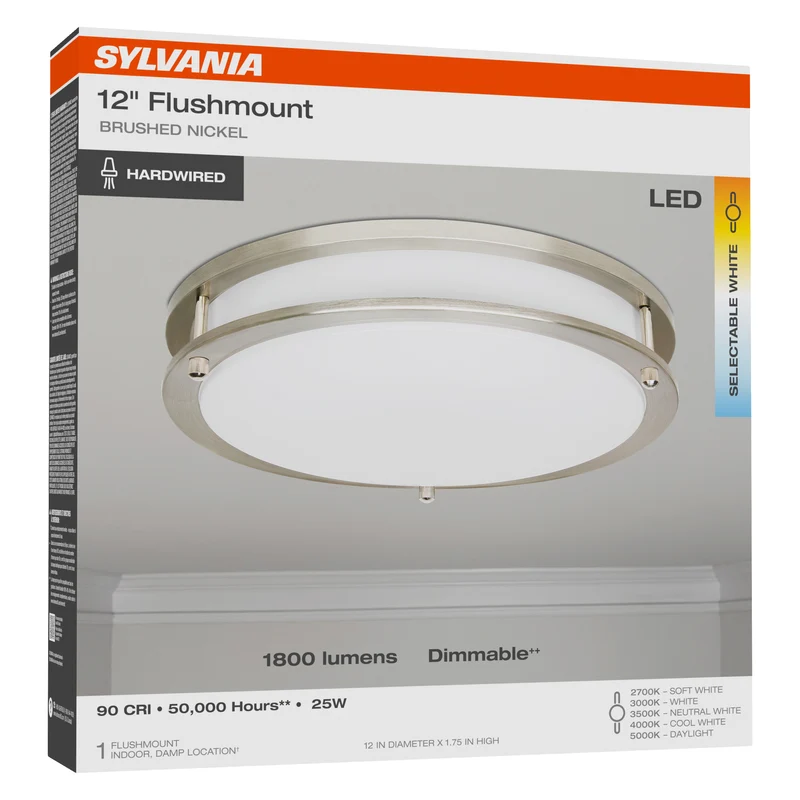 SYLVANIA 12" Flush Mount LED Light Fixture, 25W, 5 CCT Select (2700K - 5000K), Dimmable, 90 CRI, 1800 Lms, with Accessories