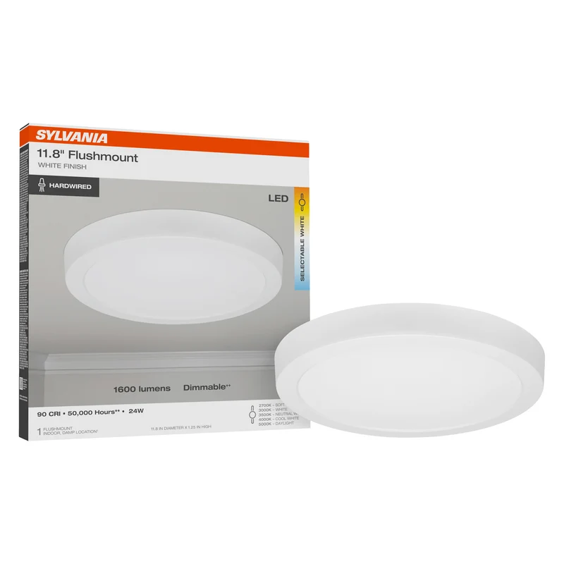 SYLVANIA 12" Flush Mount LED Fixture, 24W, 5 Color Select (2700K - 5000K), 90 CRI, 1600 Lms, Hardwired, White