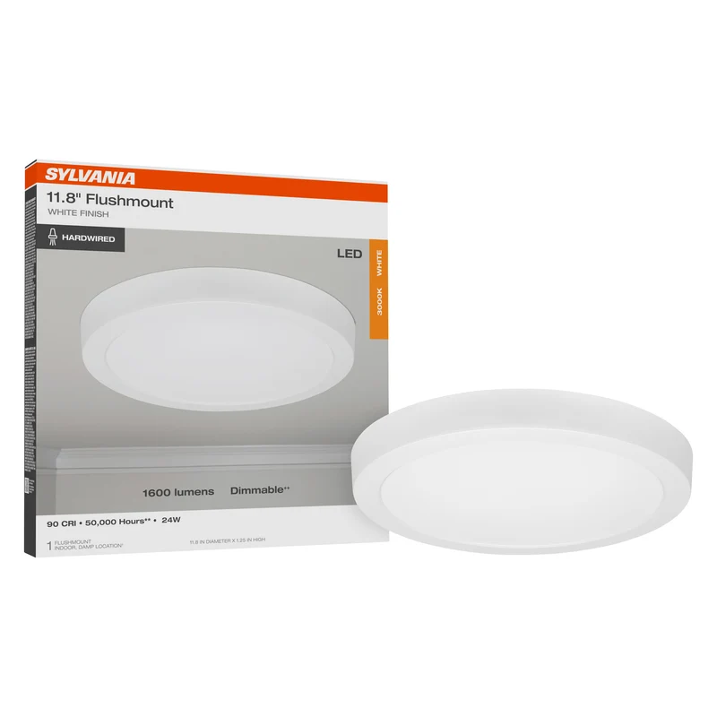 SYLVANIA 12" Flush Mount LED Fixture, 24W, 90 CRI, 1600 Lms, Hardwired, 3000K, White