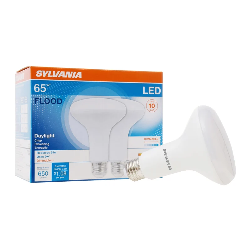 SYLVANIA LED Light Bulbs, BR30, 65W=9W, Dimmable, 10 Year, 5000K, Daylight - 2 PK