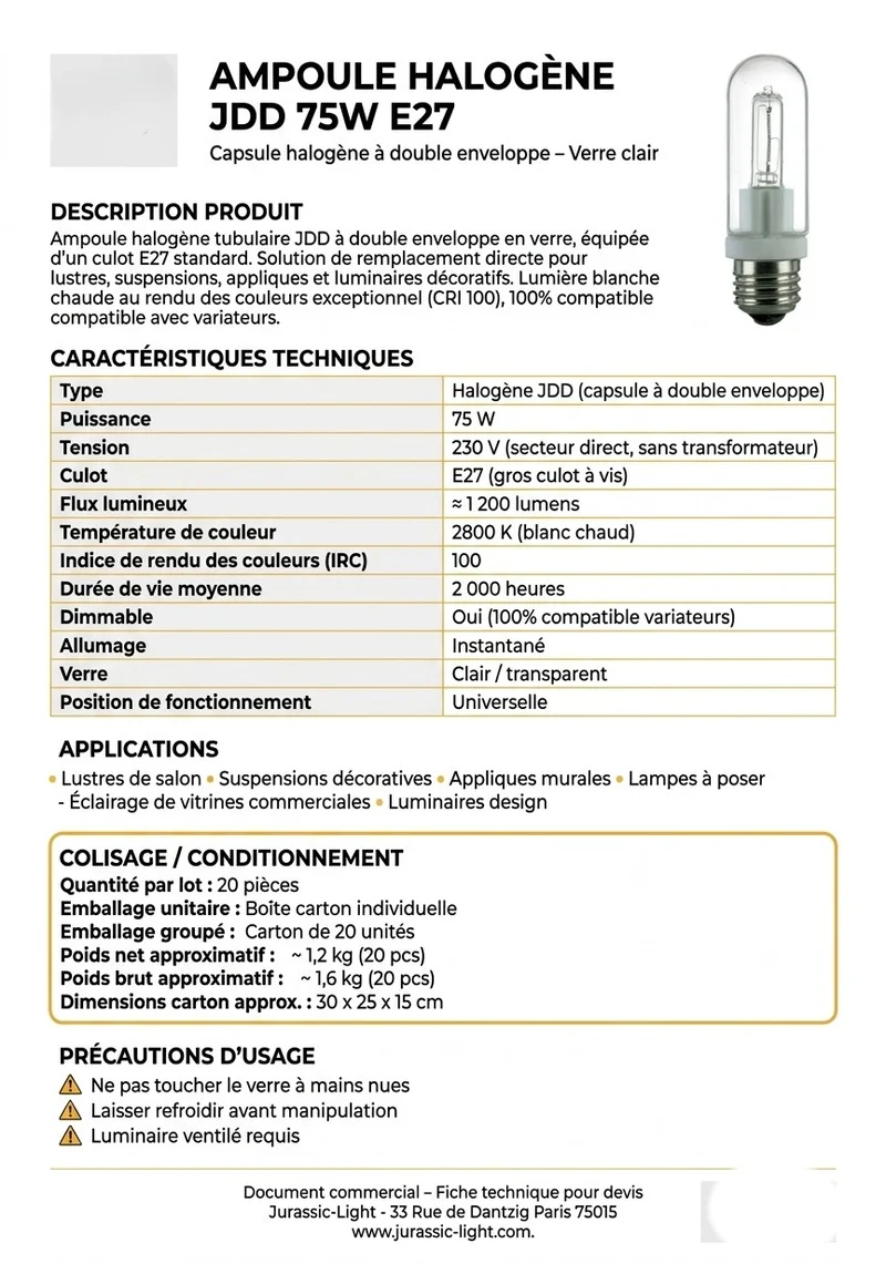 Ampoule halogène JDD 75W E27 – Verre clair et lumière chaude