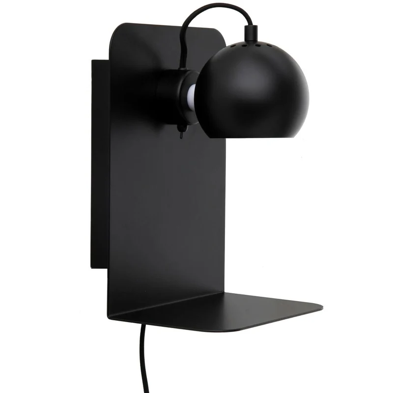 Ball Væglampe m. Hylde + USB-opladning - Mat Sort