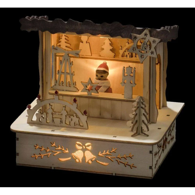LED Holzsilhouette naturfarben Marktstand mit braunem Dach 3 Warmweiße Dioden batteriebetrieben
