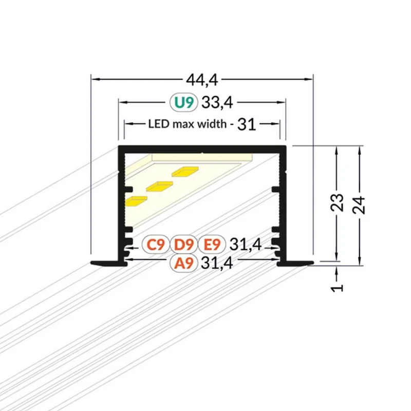 XXL Einbauprofil 200cm Schwarz ohne Abdeckung für LED-Strips