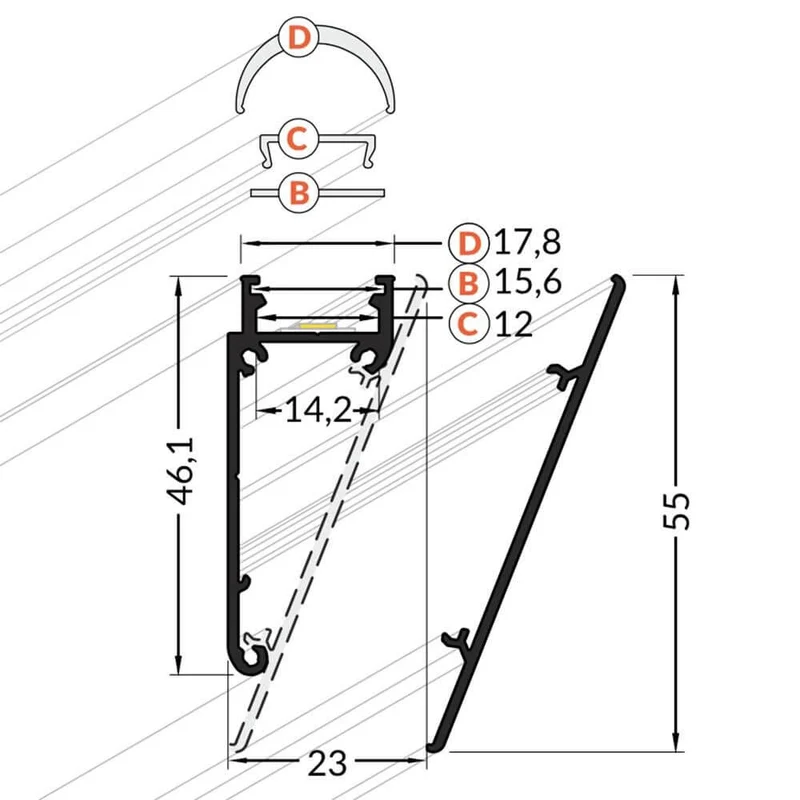 Aufbau-Wandprofil schräg 200cm Weiß ohne Abdeckung für LED-Strips